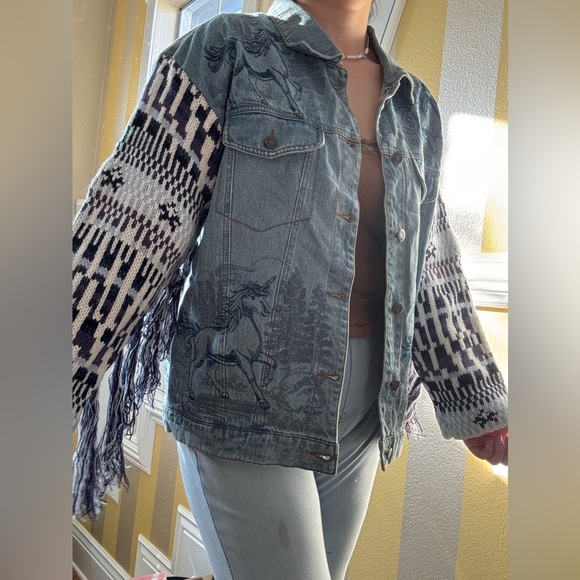 Jackets & Blazers - Denim Jacket with Knit Sleeves and Fringe